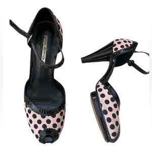 Via Spiga Pink Black Polka Dot Strappy Ankle Strap Peep Toe Leather Heel